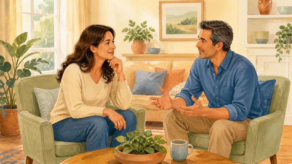 A couple discussing IUL policy loan options in a bright home