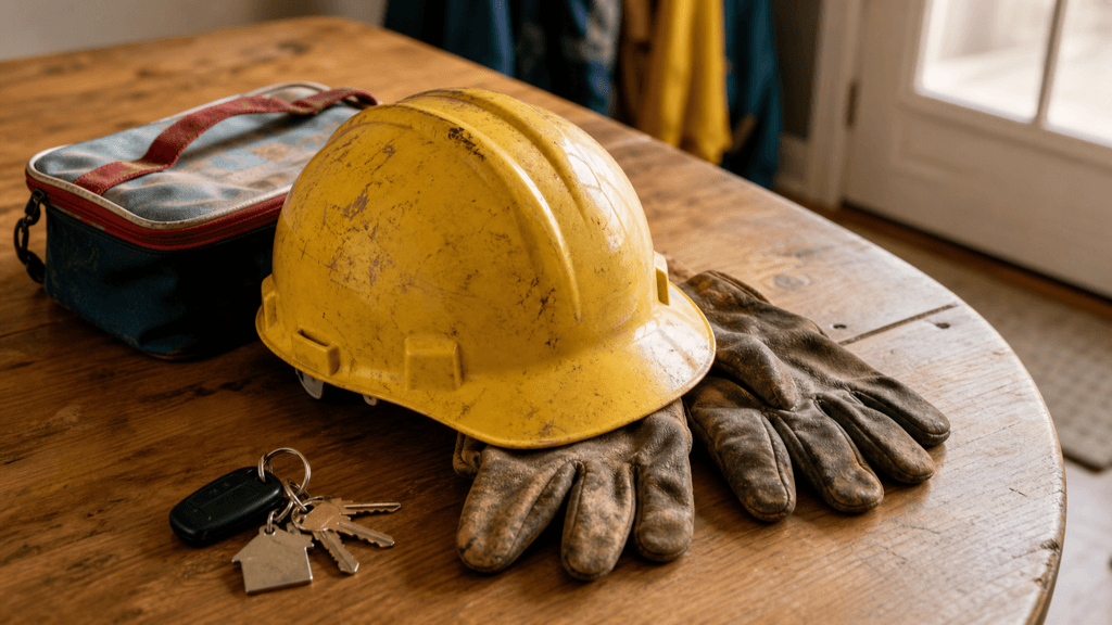 Construction worker helmet, gloves, and keys at home