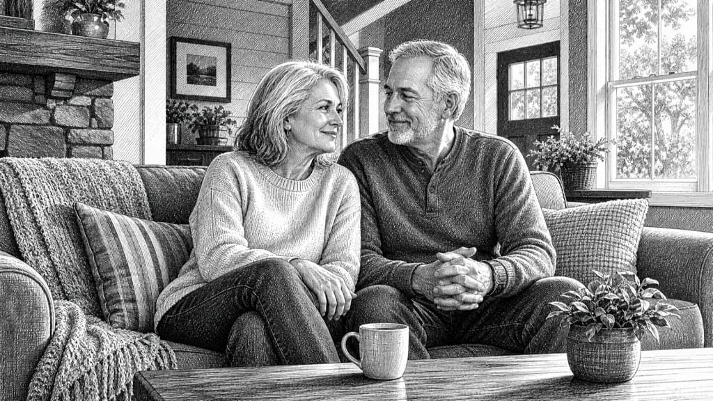 Senior couple discussing mortgage protection options at home