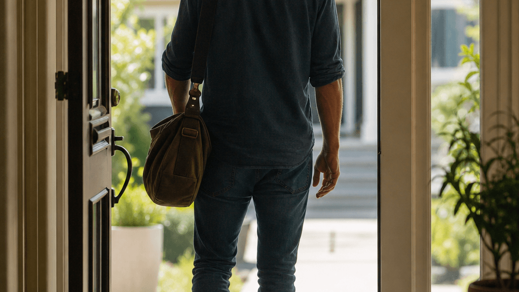 Self-employed homeowner entering a bright home after work